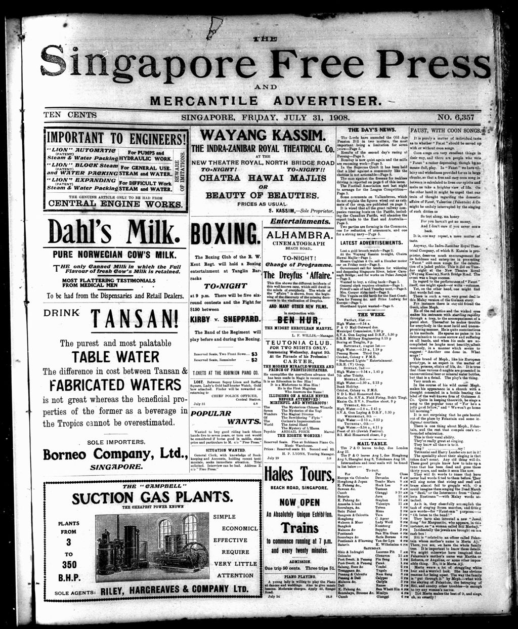 Miniature of Singapore Free Press and Mercantile Advertiser 31 July 1908