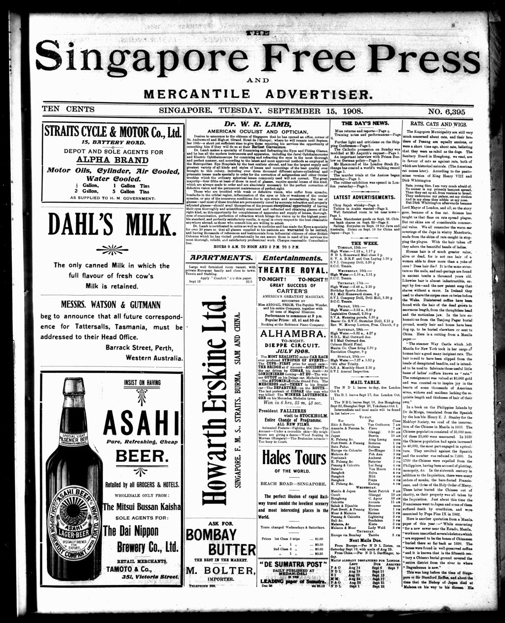 Miniature of Singapore Free Press and Mercantile Advertiser 15 September 1908