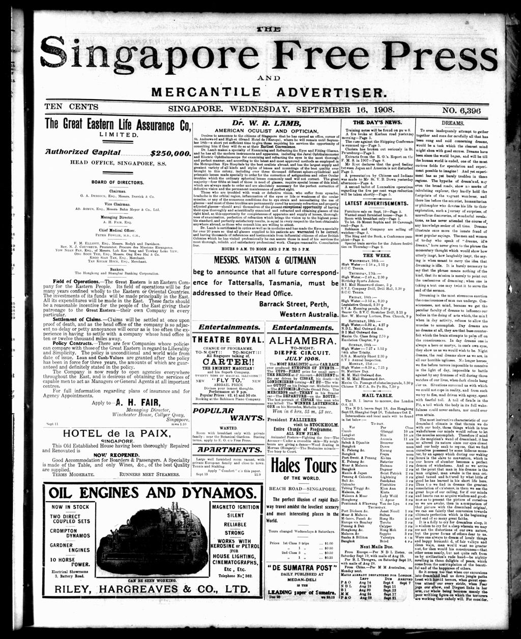 Miniature of Singapore Free Press and Mercantile Advertiser 16 September 1908