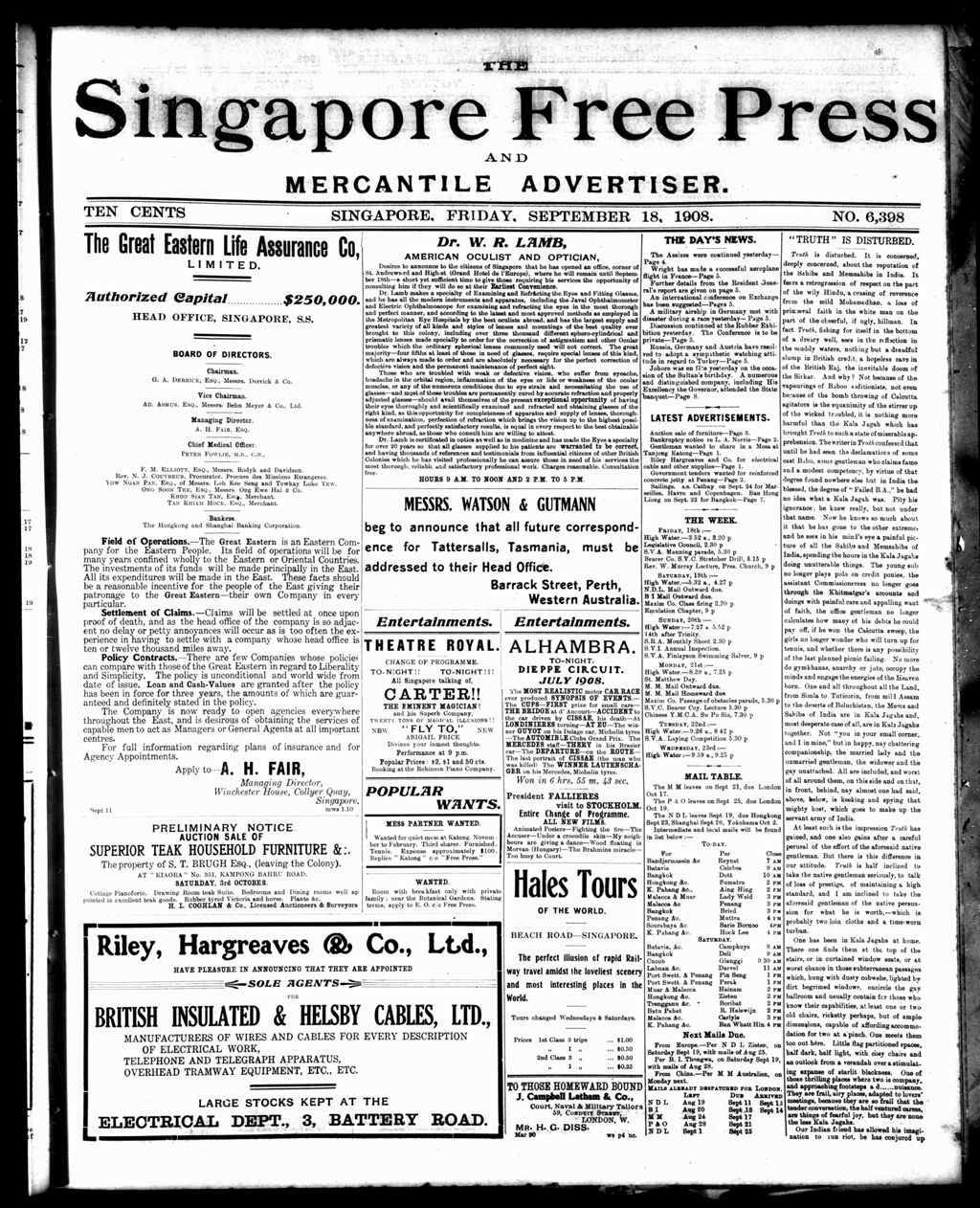 Miniature of Singapore Free Press and Mercantile Advertiser 18 September 1908