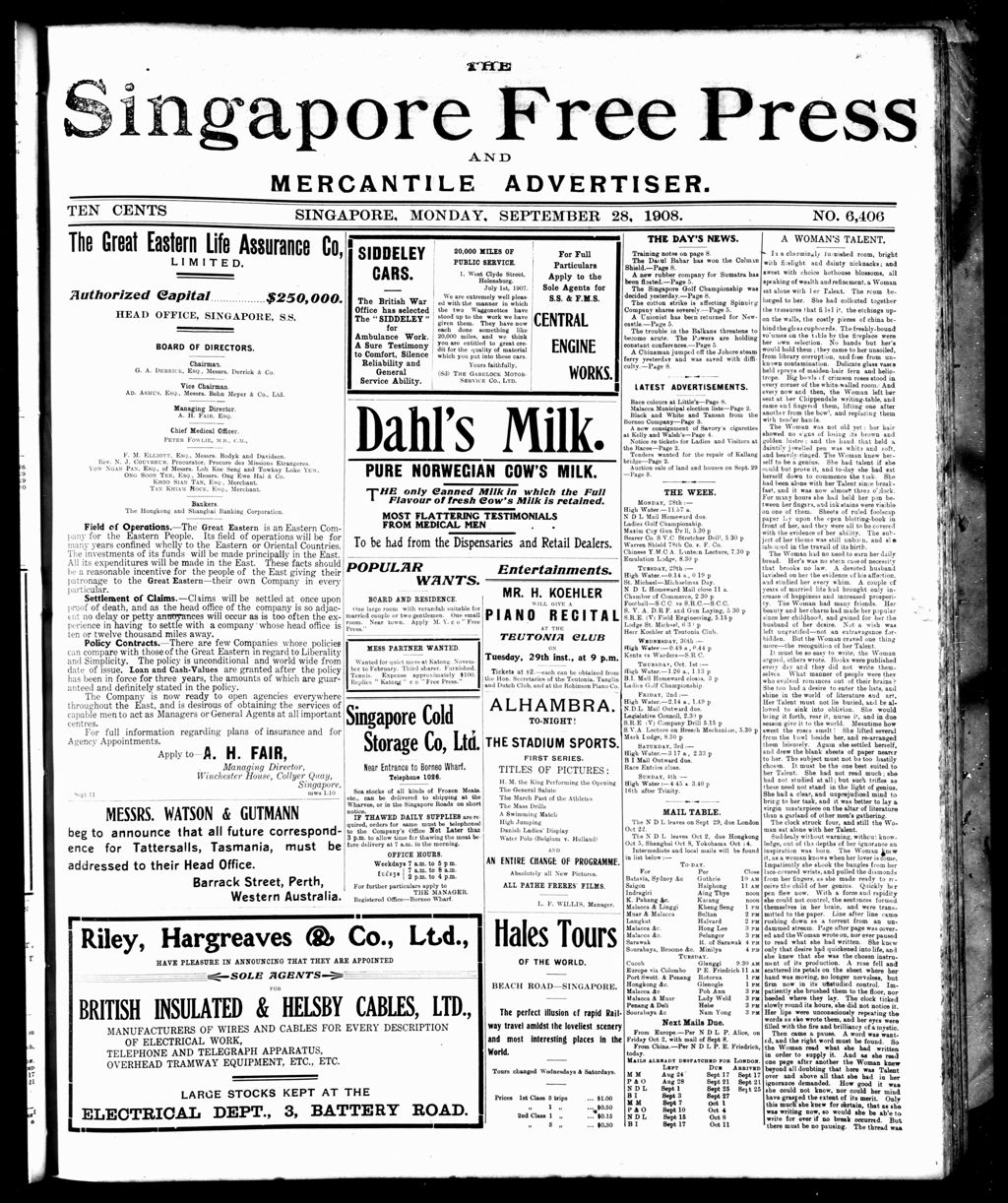 Miniature of Singapore Free Press and Mercantile Advertiser 28 September 1908