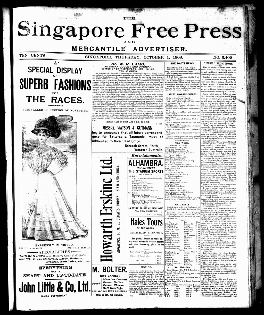 Miniature of Singapore Free Press and Mercantile Advertiser 01 October 1908