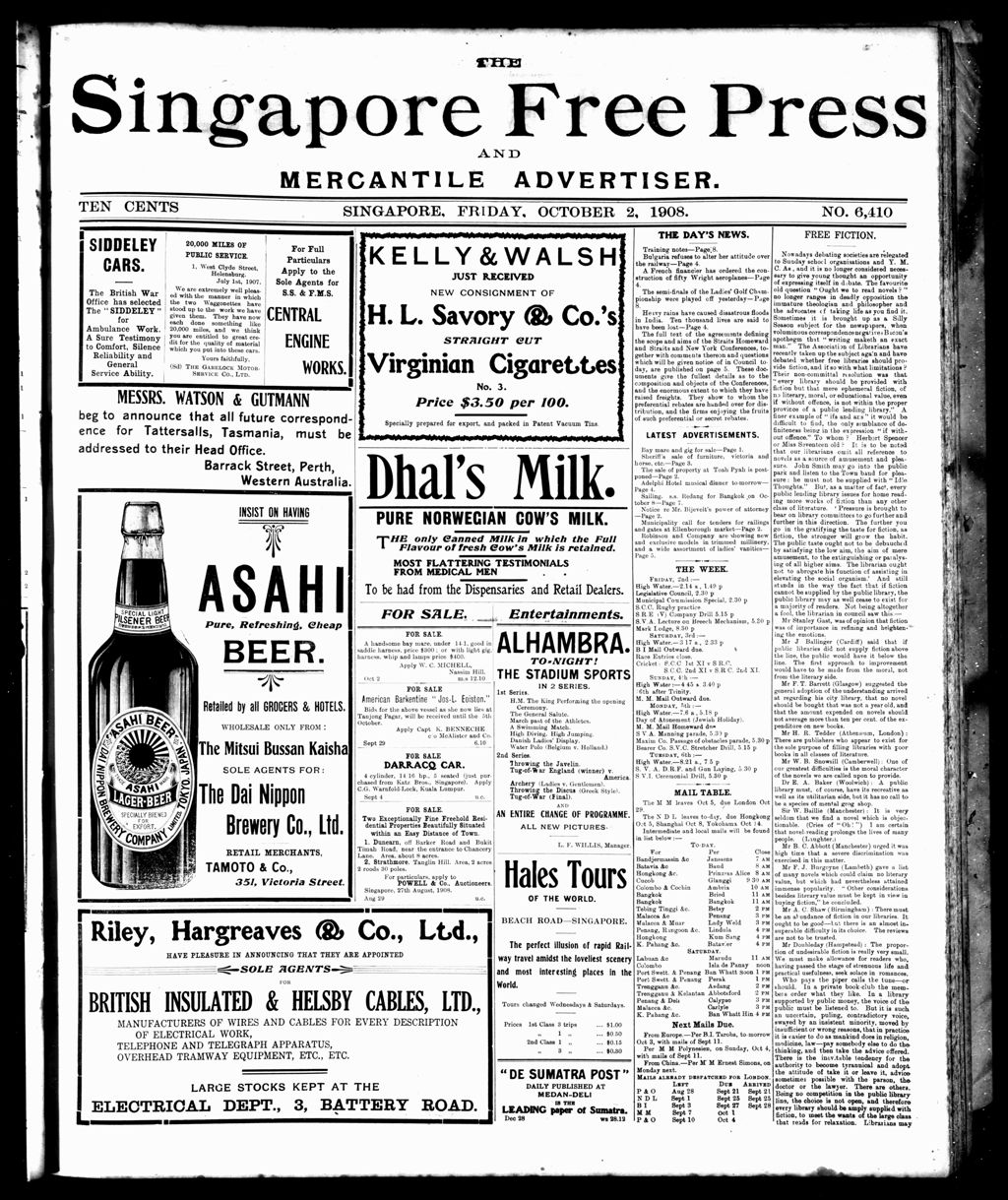 Miniature of Singapore Free Press and Mercantile Advertiser 02 October 1908