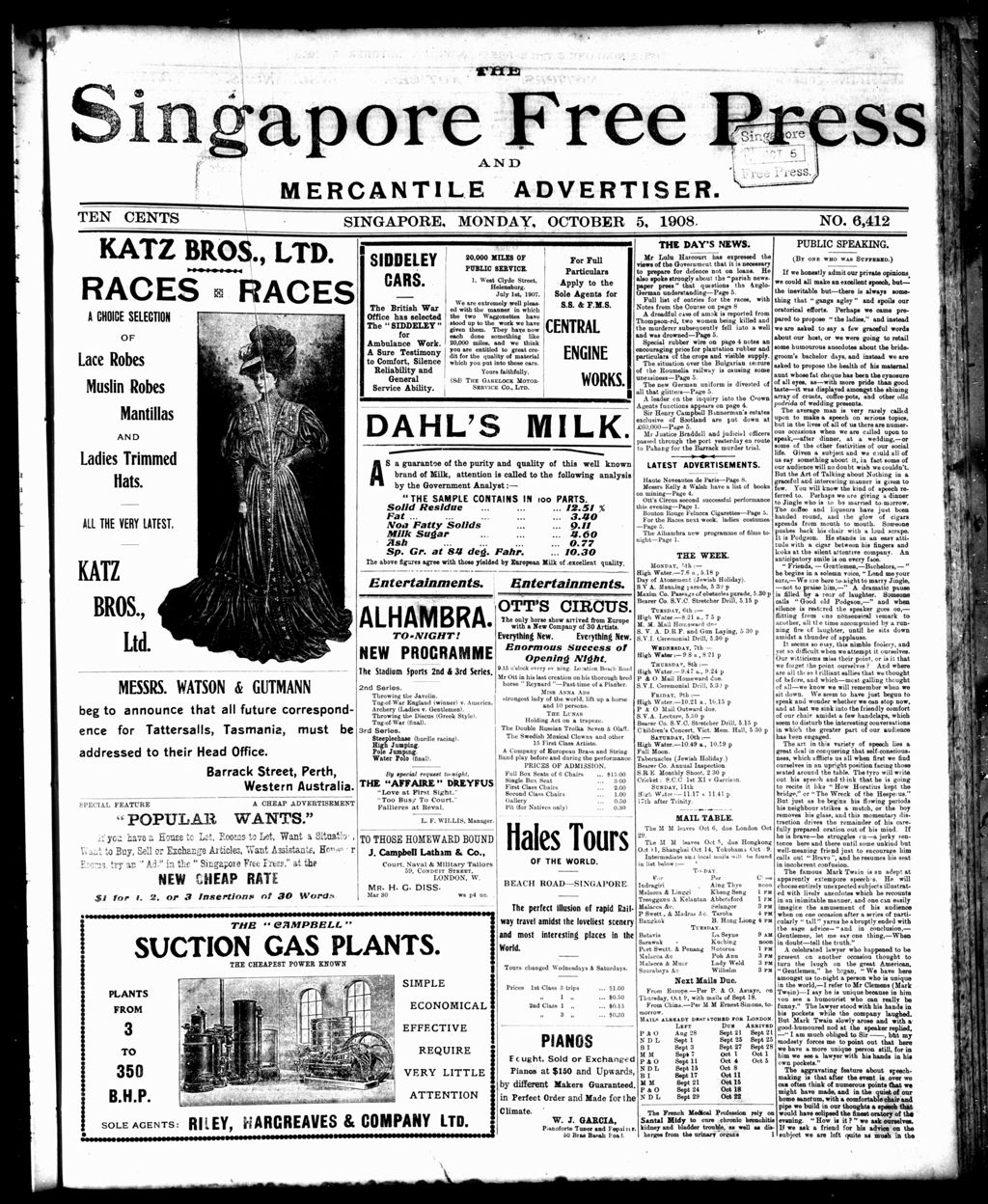 Miniature of Singapore Free Press and Mercantile Advertiser 05 October 1908