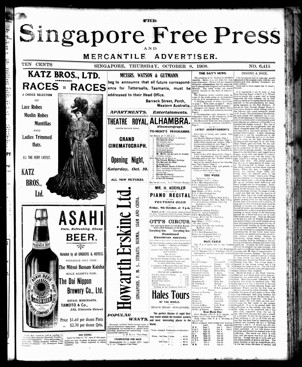 Miniature of Singapore Free Press and Mercantile Advertiser 08 October 1908