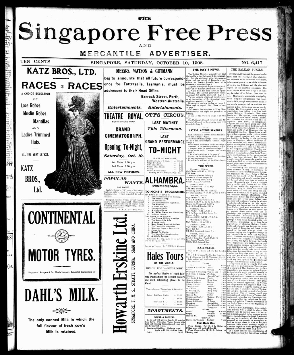 Miniature of Singapore Free Press and Mercantile Advertiser 10 October 1908