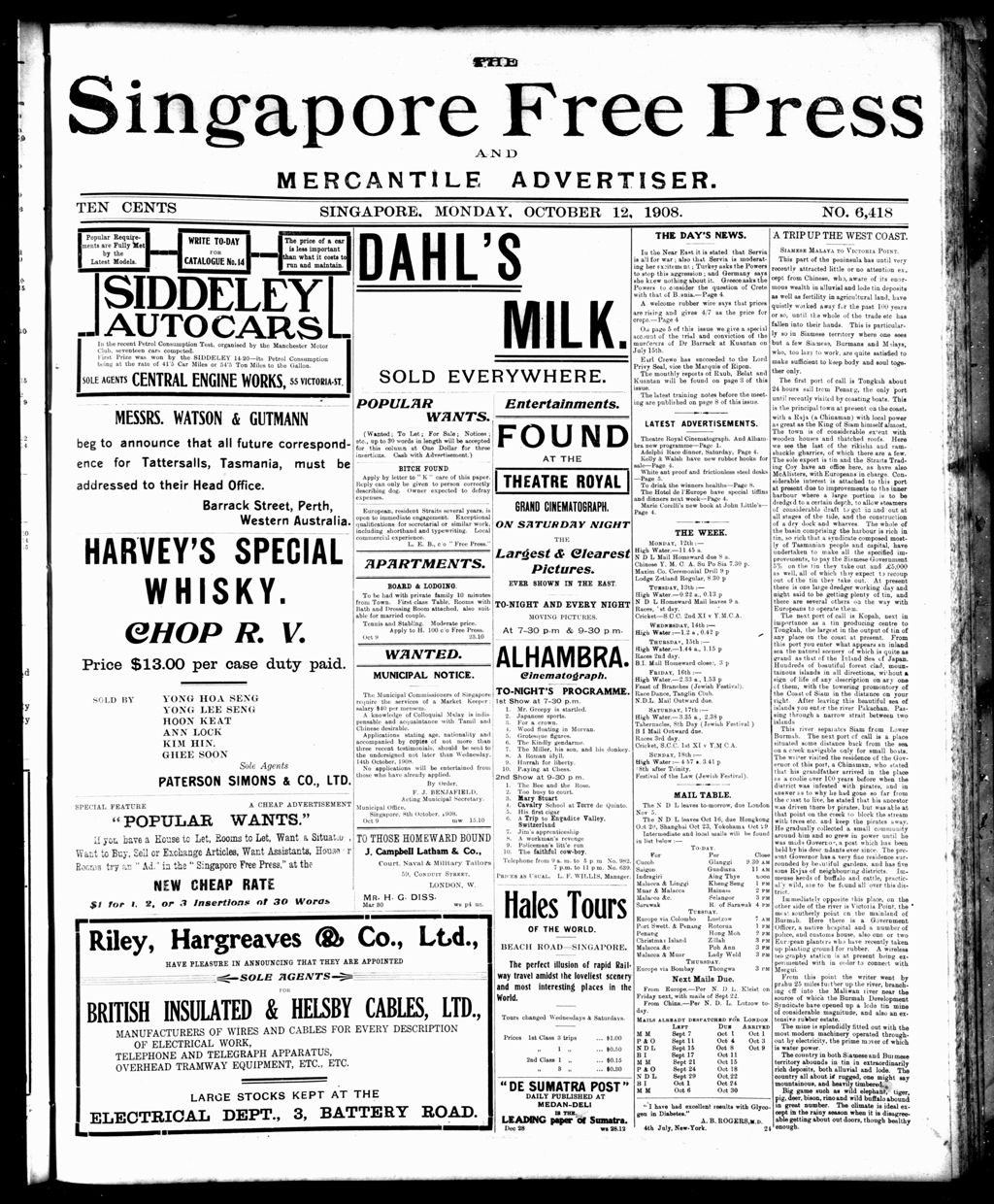 Miniature of Singapore Free Press and Mercantile Advertiser 12 October 1908