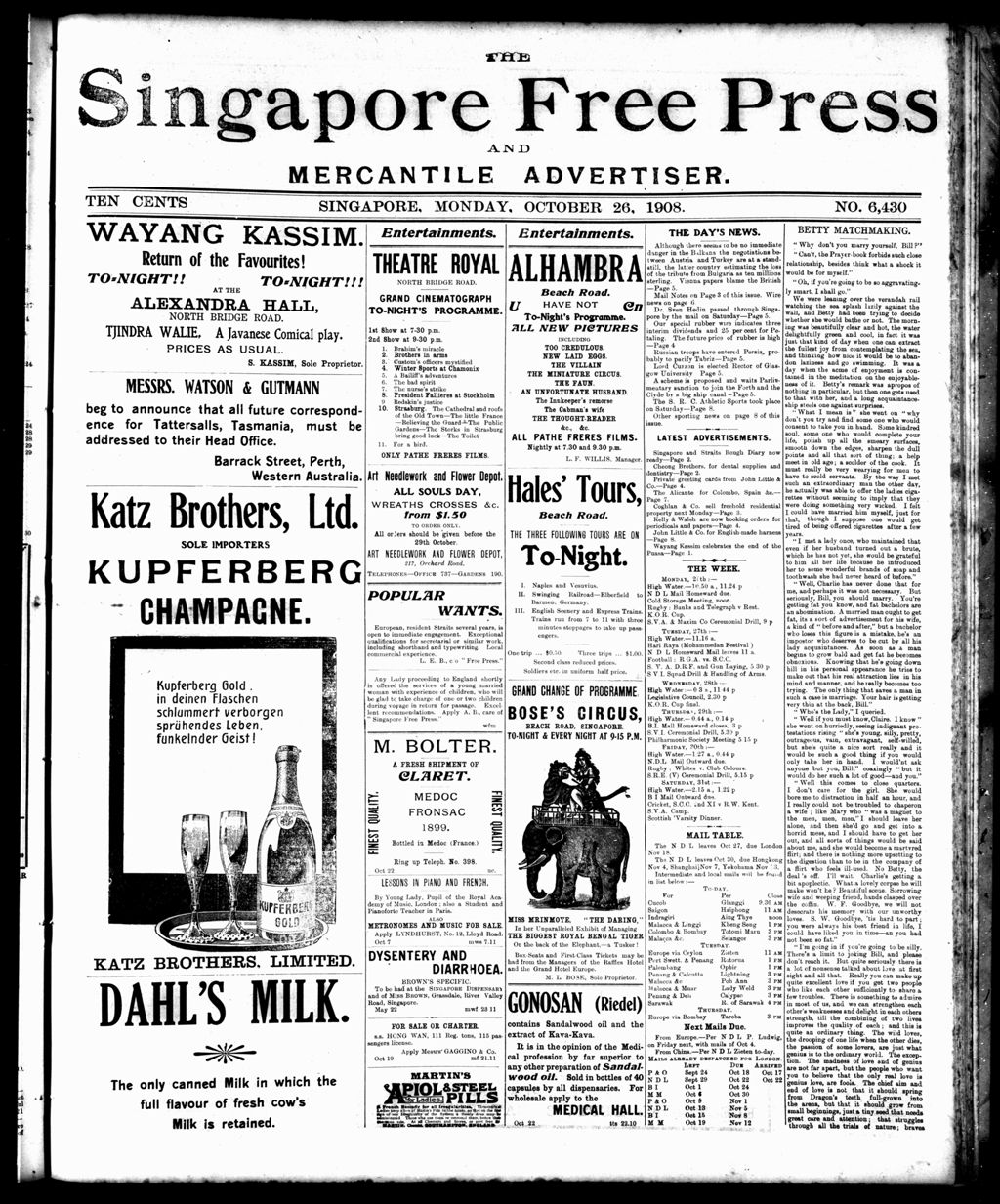 Miniature of Singapore Free Press and Mercantile Advertiser 26 October 1908