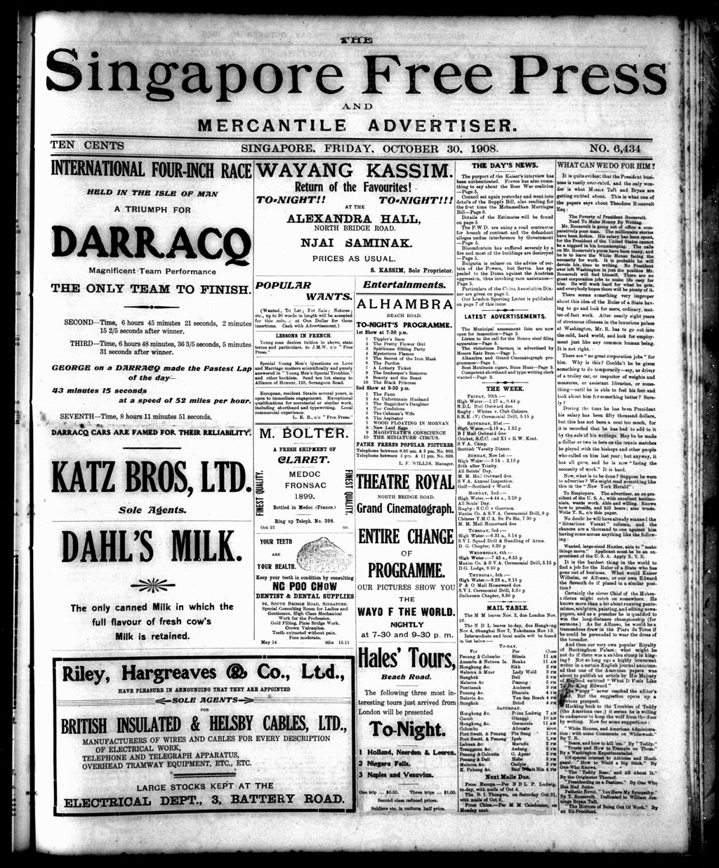 Miniature of Singapore Free Press and Mercantile Advertiser 30 October 1908