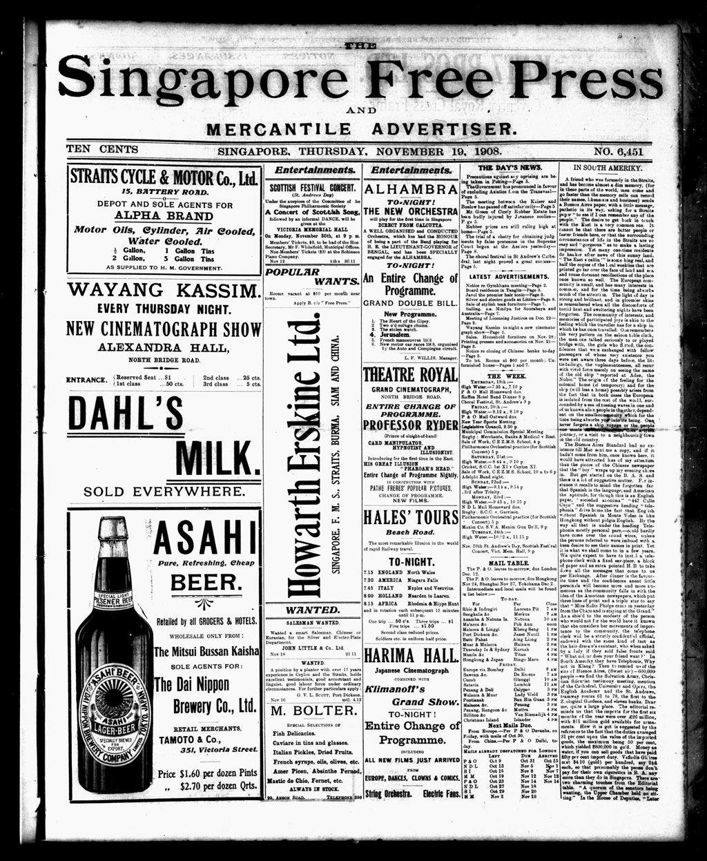 Miniature of Singapore Free Press and Mercantile Advertiser 19 November 1908