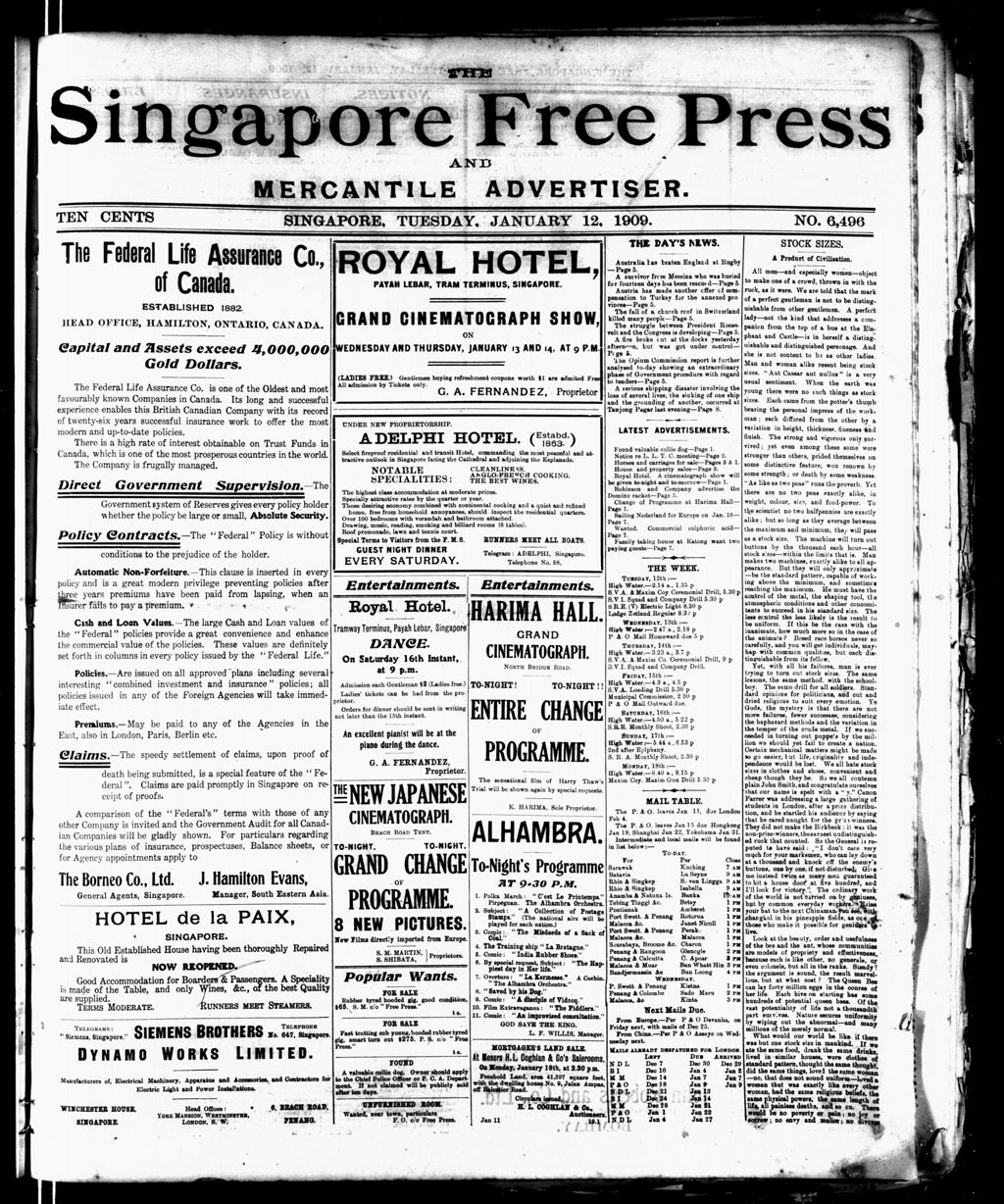 Miniature of Singapore Free Press and Mercantile Advertiser 12 January 1909