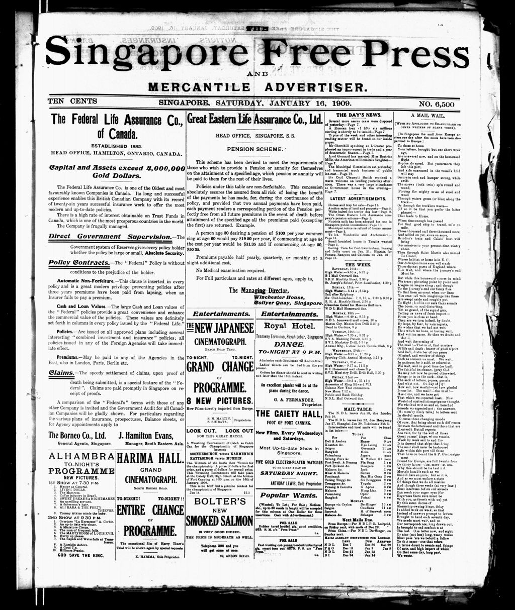 Miniature of Singapore Free Press and Mercantile Advertiser 16 January 1909