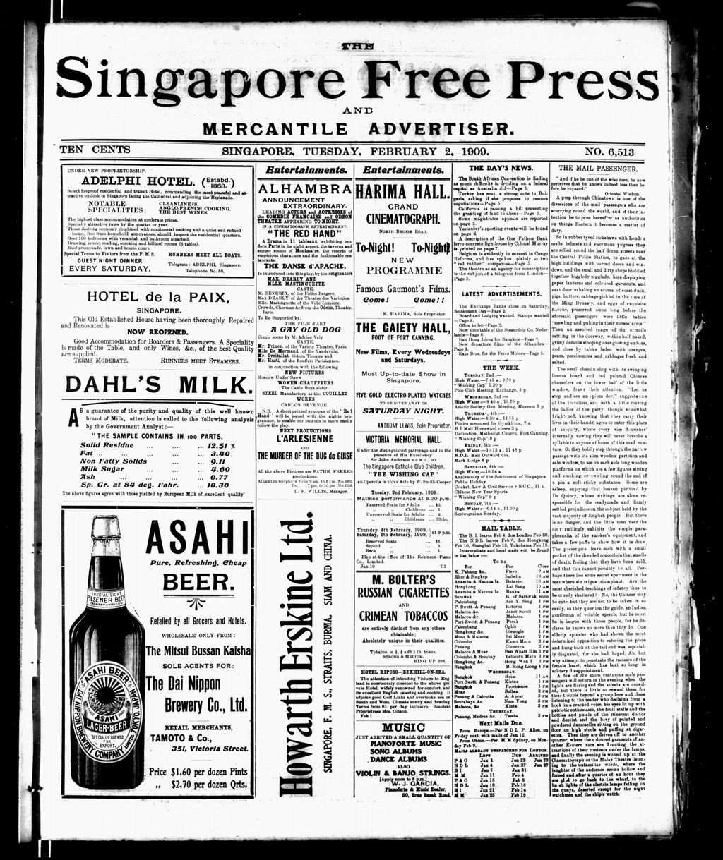 Miniature of Singapore Free Press and Mercantile Advertiser 02 February 1909