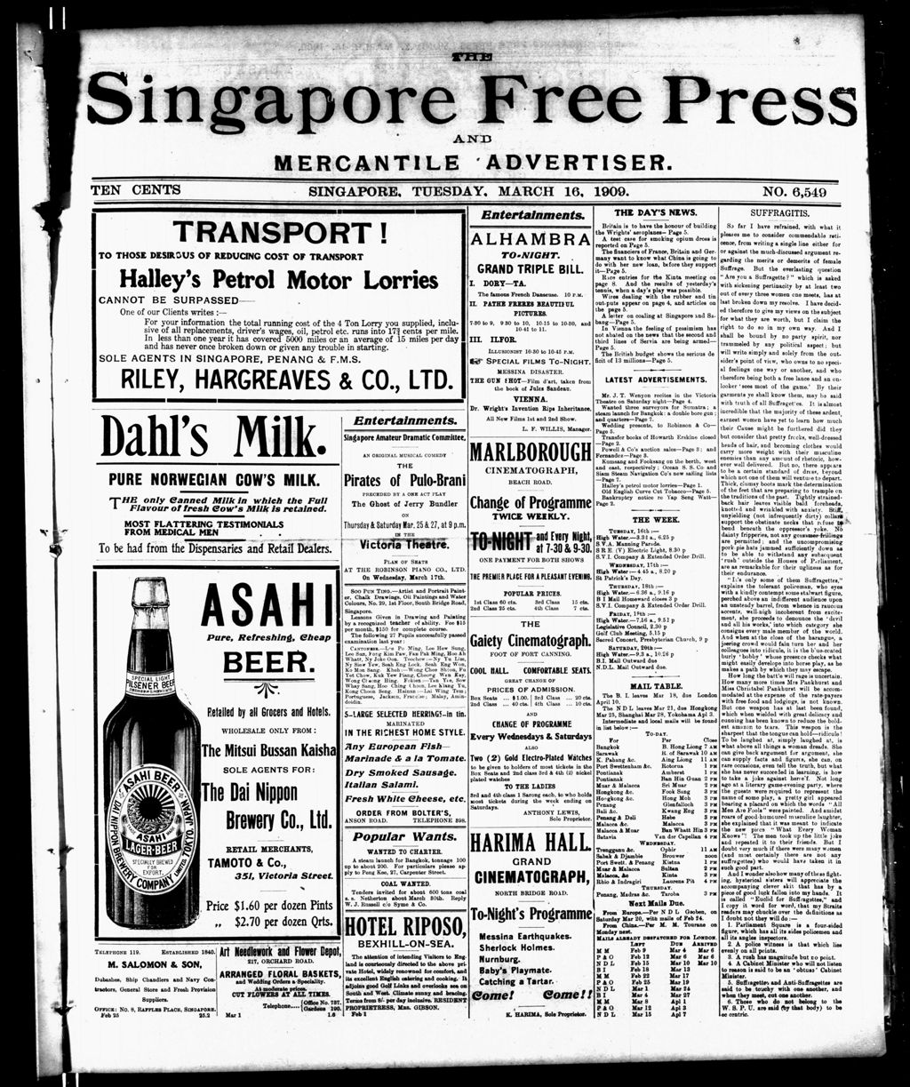 Miniature of Singapore Free Press and Mercantile Advertiser 16 March 1909