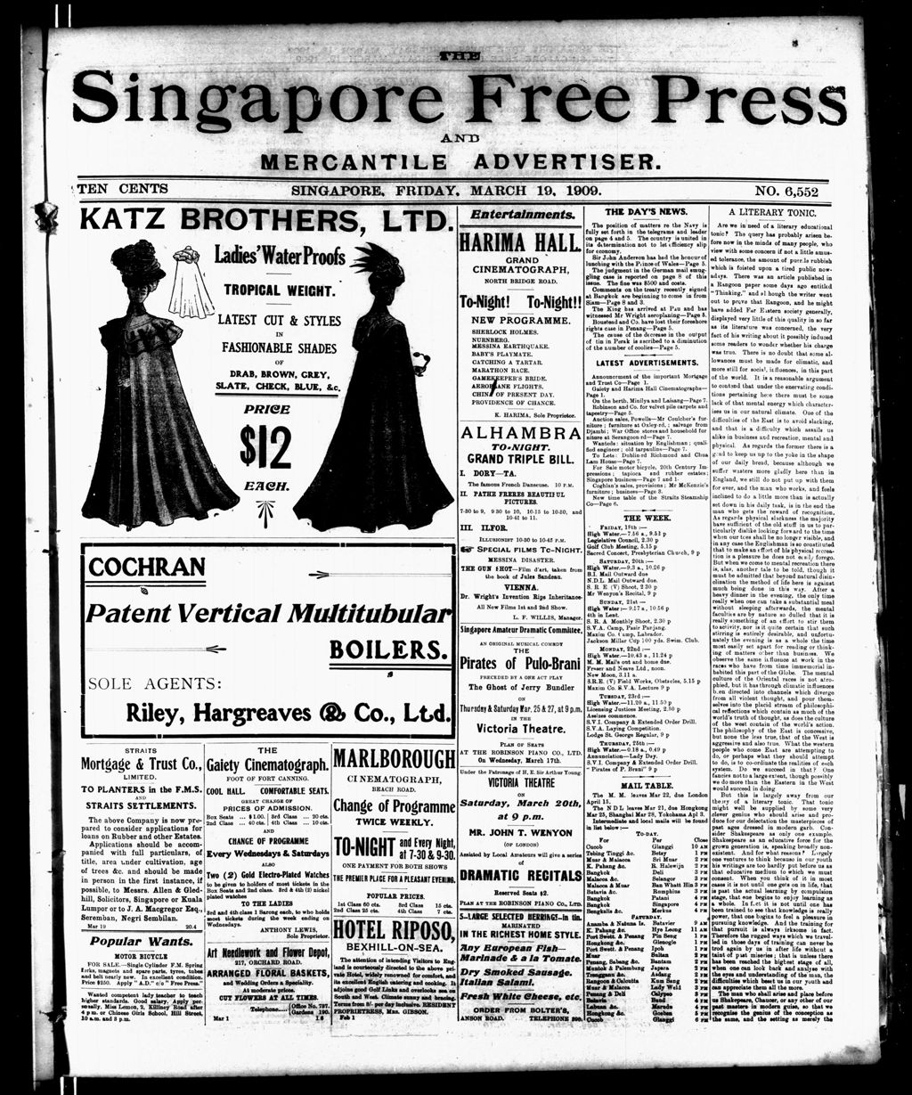 Miniature of Singapore Free Press and Mercantile Advertiser 19 March 1909