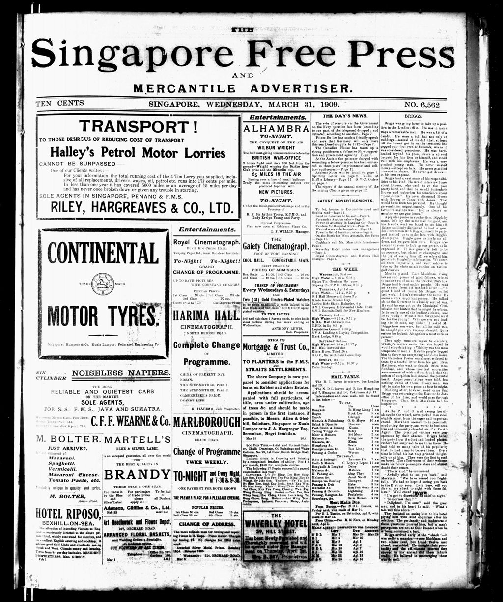 Miniature of Singapore Free Press and Mercantile Advertiser 31 March 1909