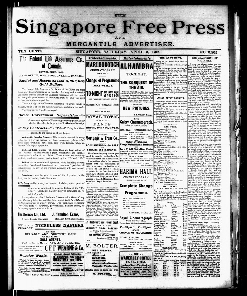 Miniature of Singapore Free Press and Mercantile Advertiser 03 April 1909