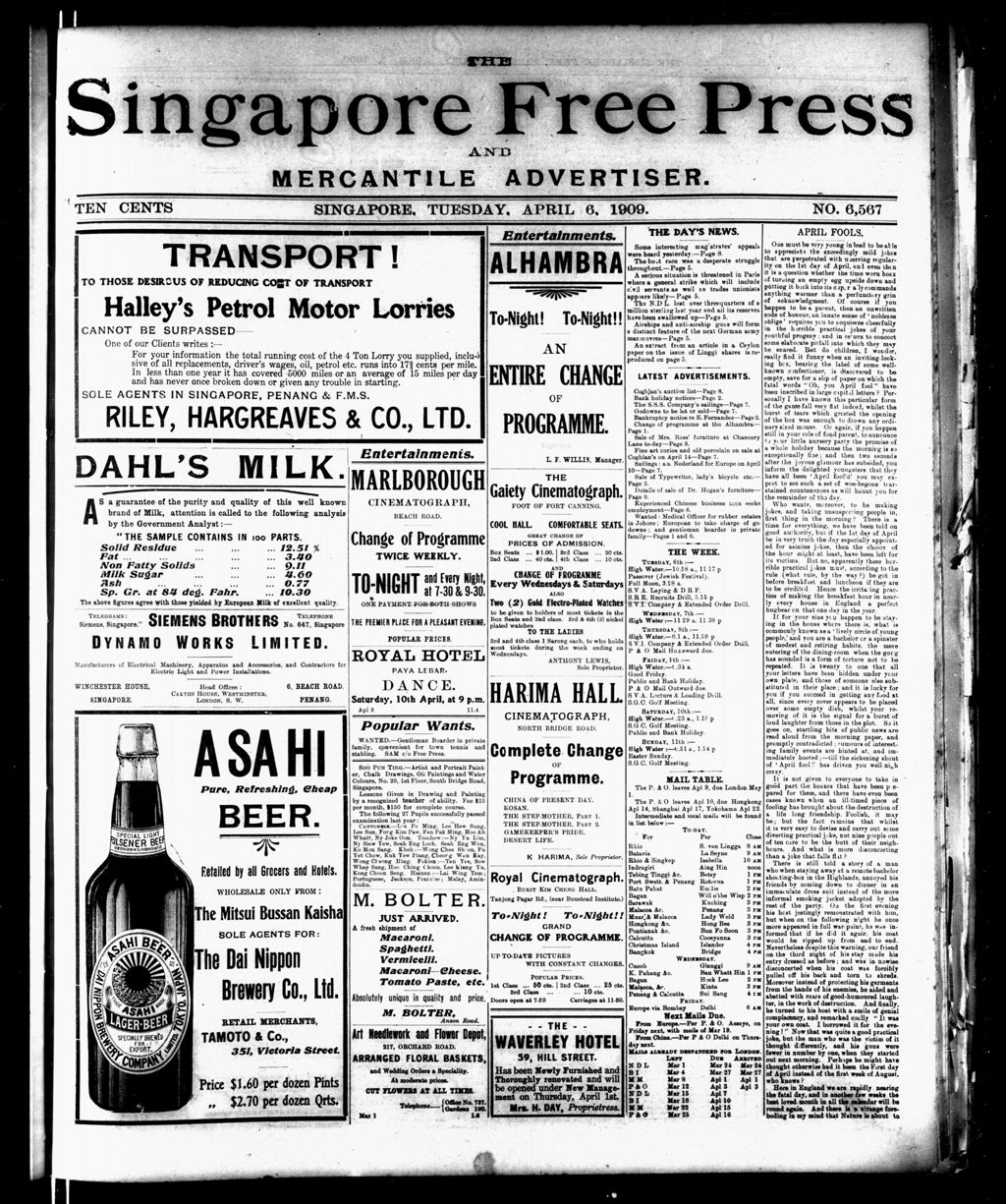 Miniature of Singapore Free Press and Mercantile Advertiser 06 April 1909