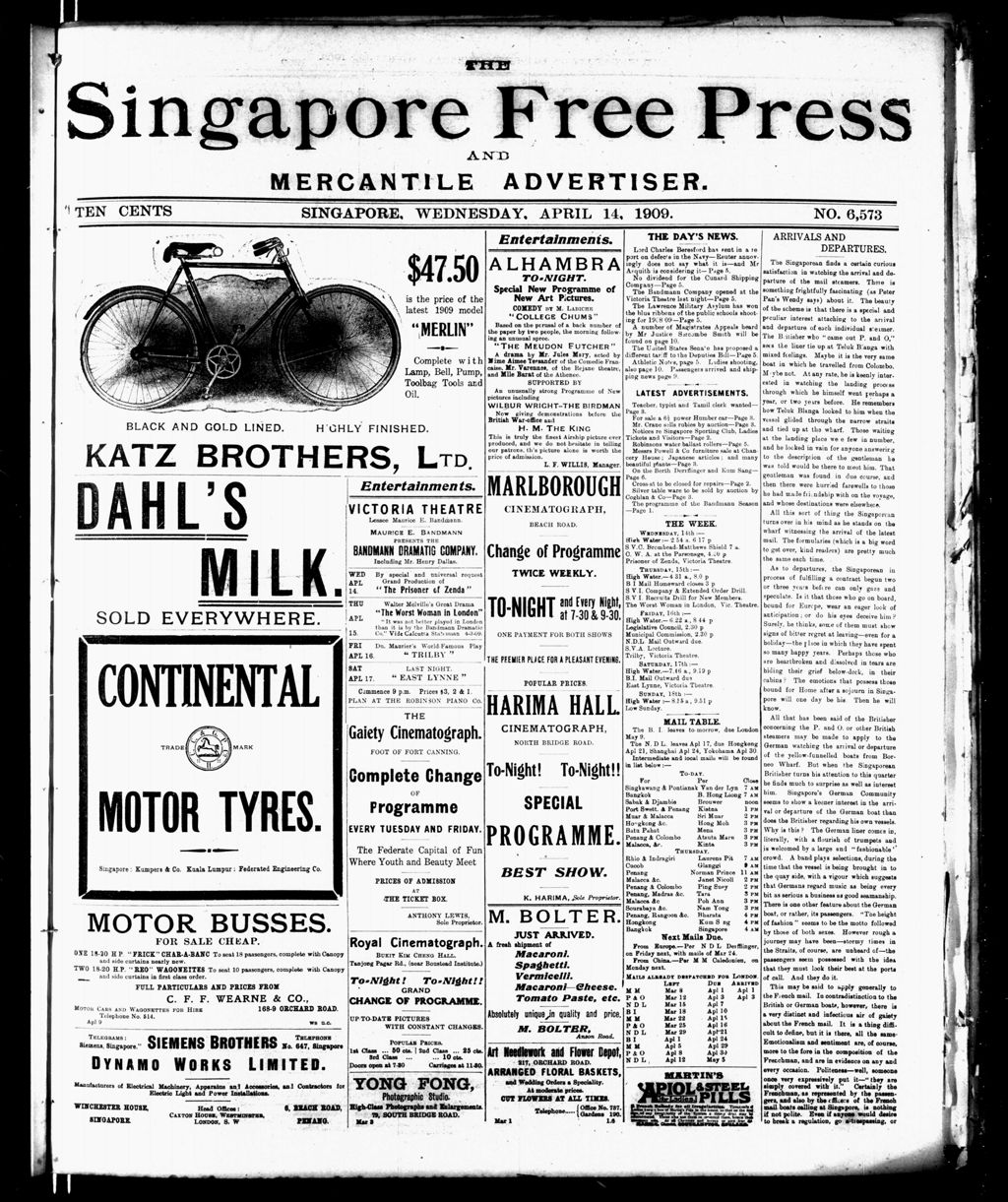 Miniature of Singapore Free Press and Mercantile Advertiser 14 April 1909