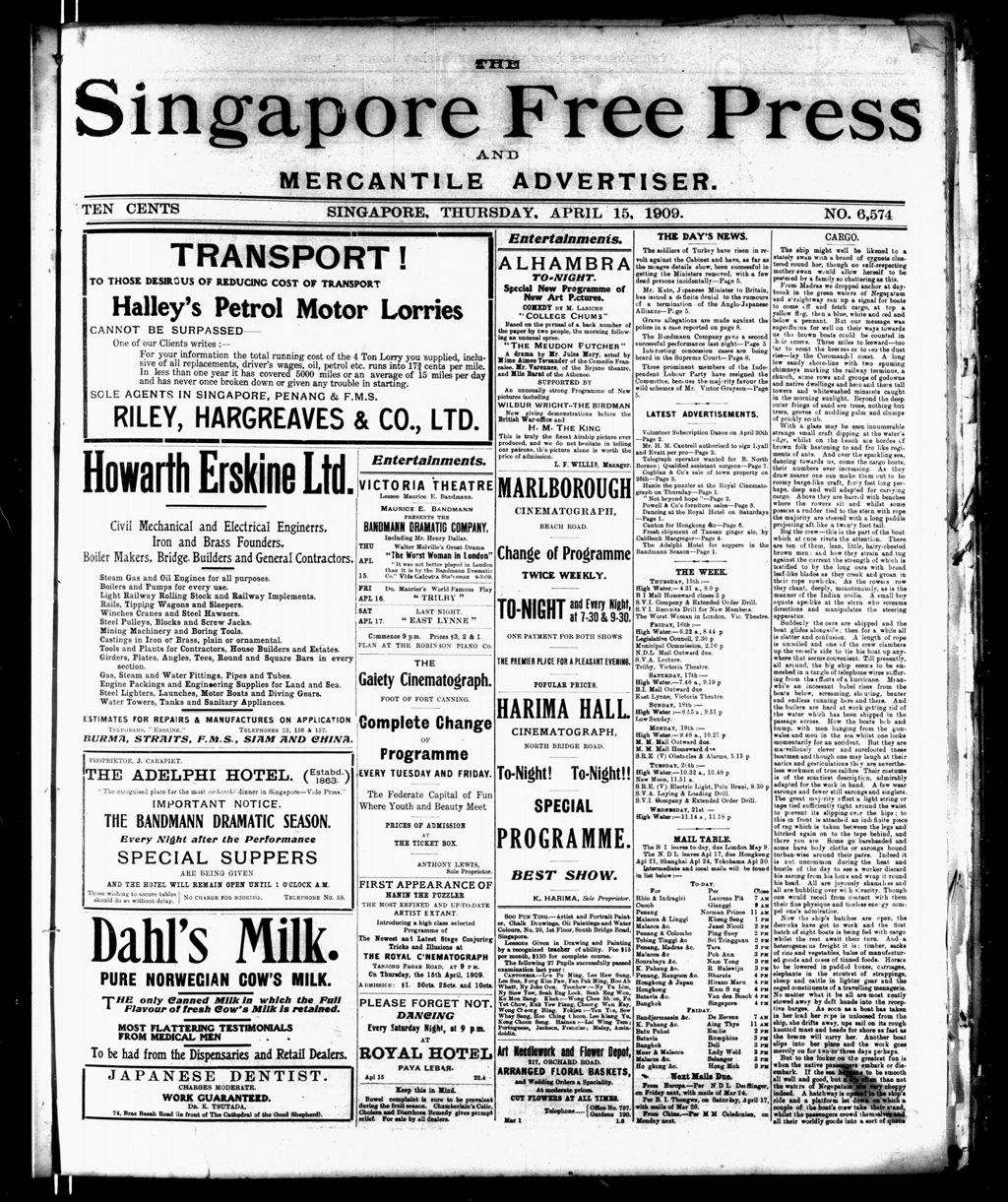 Miniature of Singapore Free Press and Mercantile Advertiser 15 April 1909