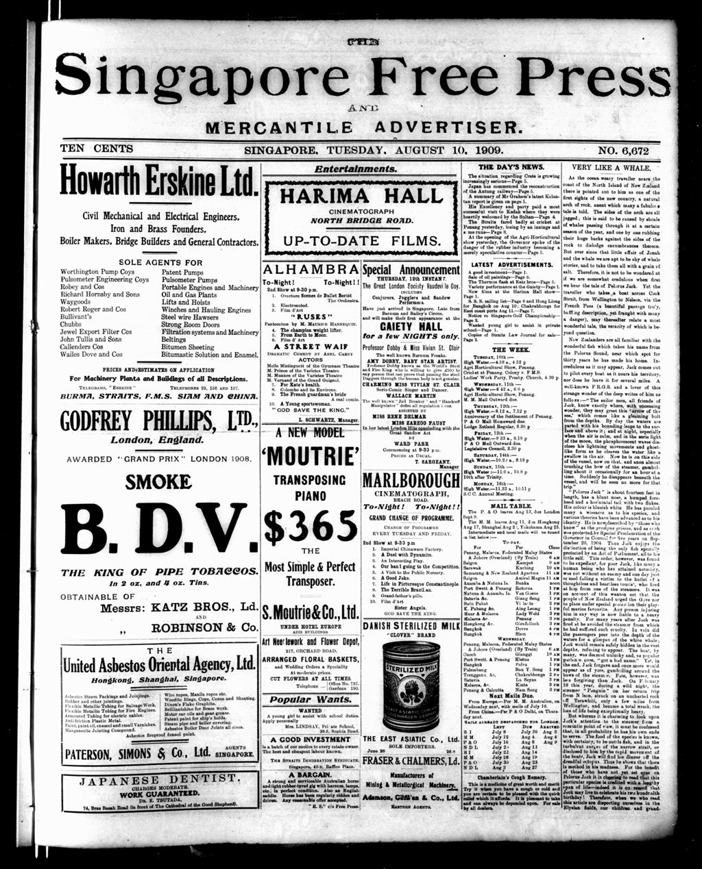 Miniature of Singapore Free Press and Mercantile Advertiser 10 August 1909