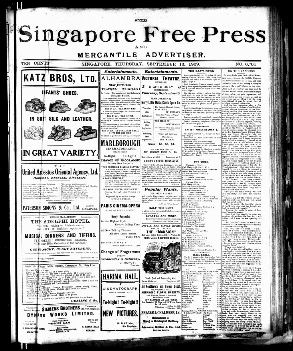 Miniature of Singapore Free Press and Mercantile Advertiser 16 September 1909