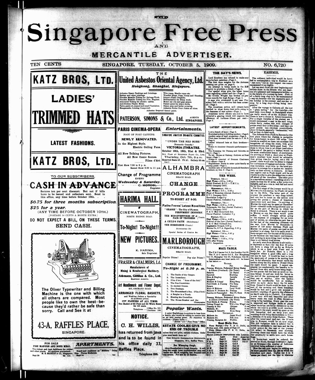 Miniature of Singapore Free Press and Mercantile Advertiser 05 October 1909