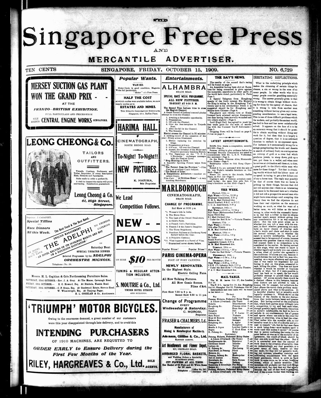 Miniature of Singapore Free Press and Mercantile Advertiser 15 October 1909