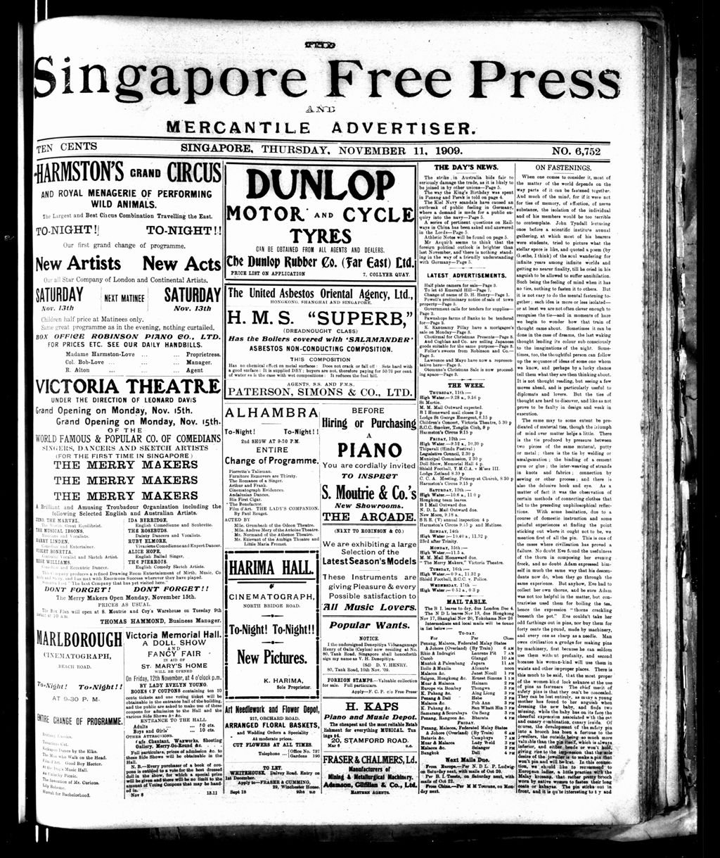 Miniature of Singapore Free Press and Mercantile Advertiser 11 November 1909