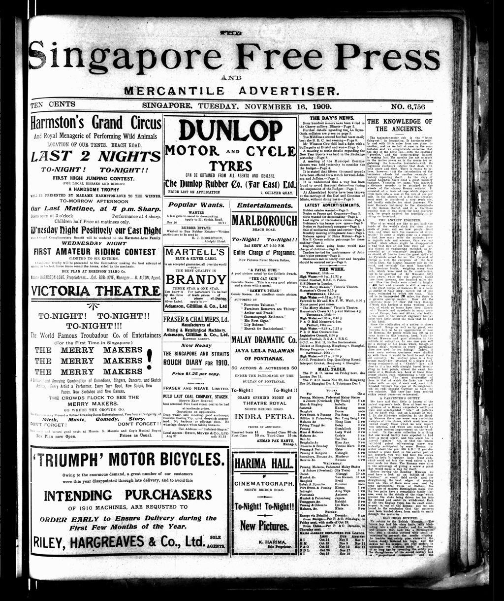 Miniature of Singapore Free Press and Mercantile Advertiser 16 November 1909