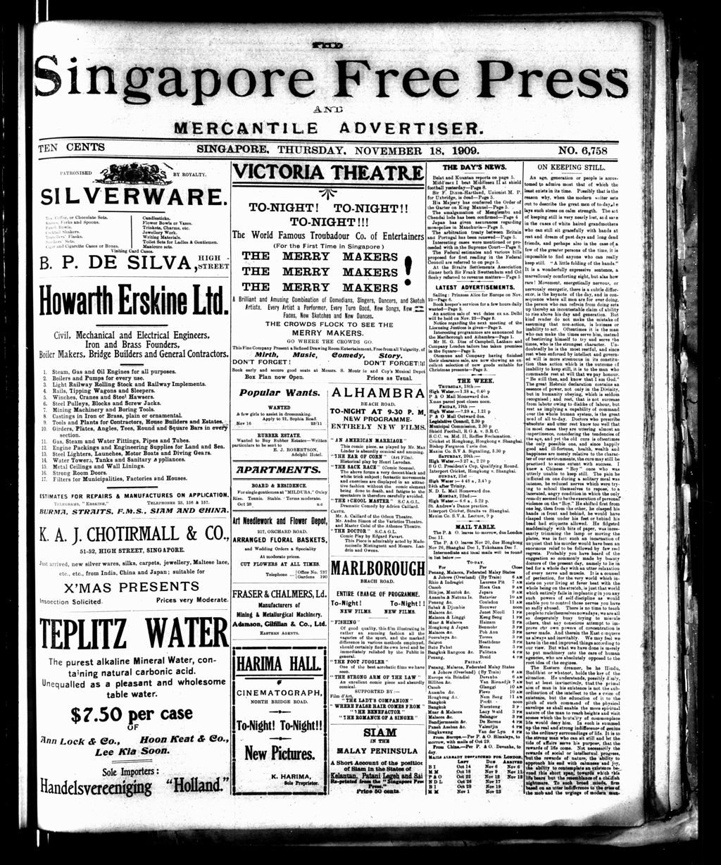 Miniature of Singapore Free Press and Mercantile Advertiser 18 November 1909