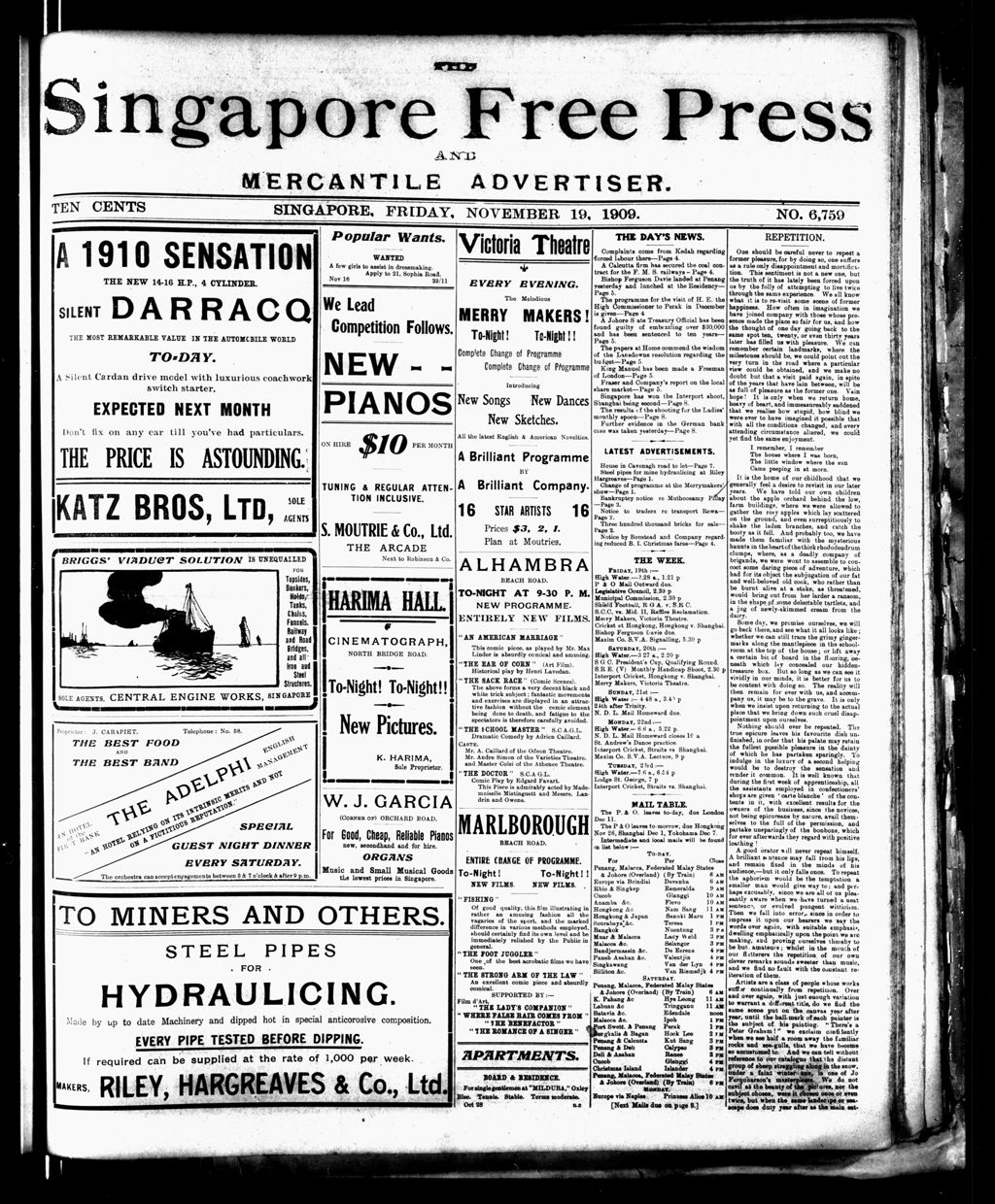 Miniature of Singapore Free Press and Mercantile Advertiser 19 November 1909