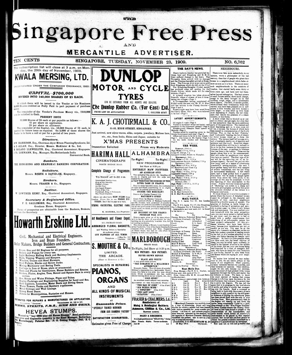 Miniature of Singapore Free Press and Mercantile Advertiser 23 November 1909