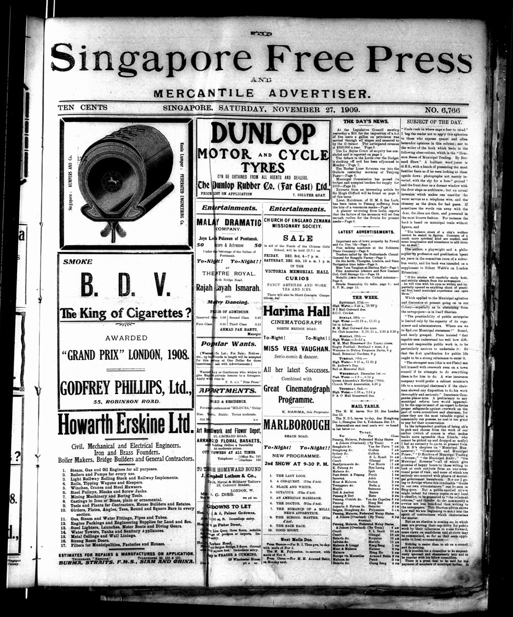 Miniature of Singapore Free Press and Mercantile Advertiser 27 November 1909