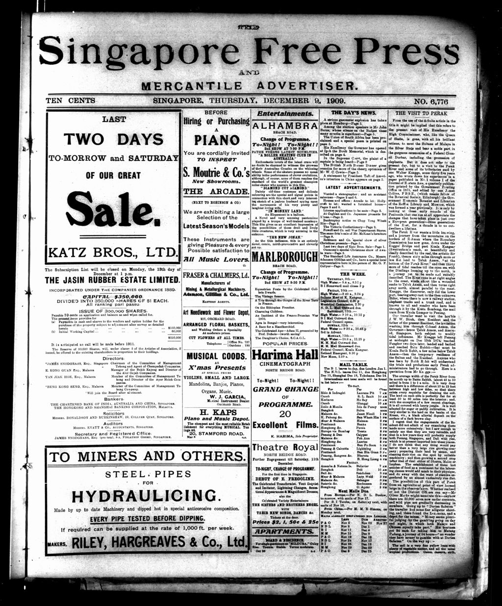 Miniature of Singapore Free Press and Mercantile Advertiser 09 December 1909