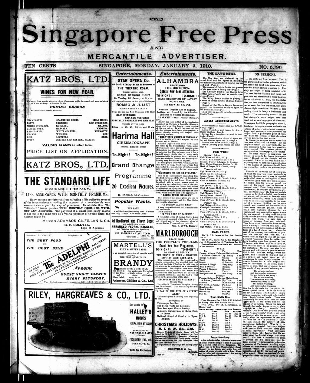 Miniature of Singapore Free Press and Mercantile Advertiser 03 January 1910