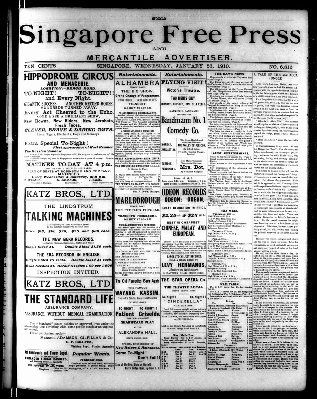 Miniature of Singapore Free Press and Mercantile Advertiser 26 January 1910