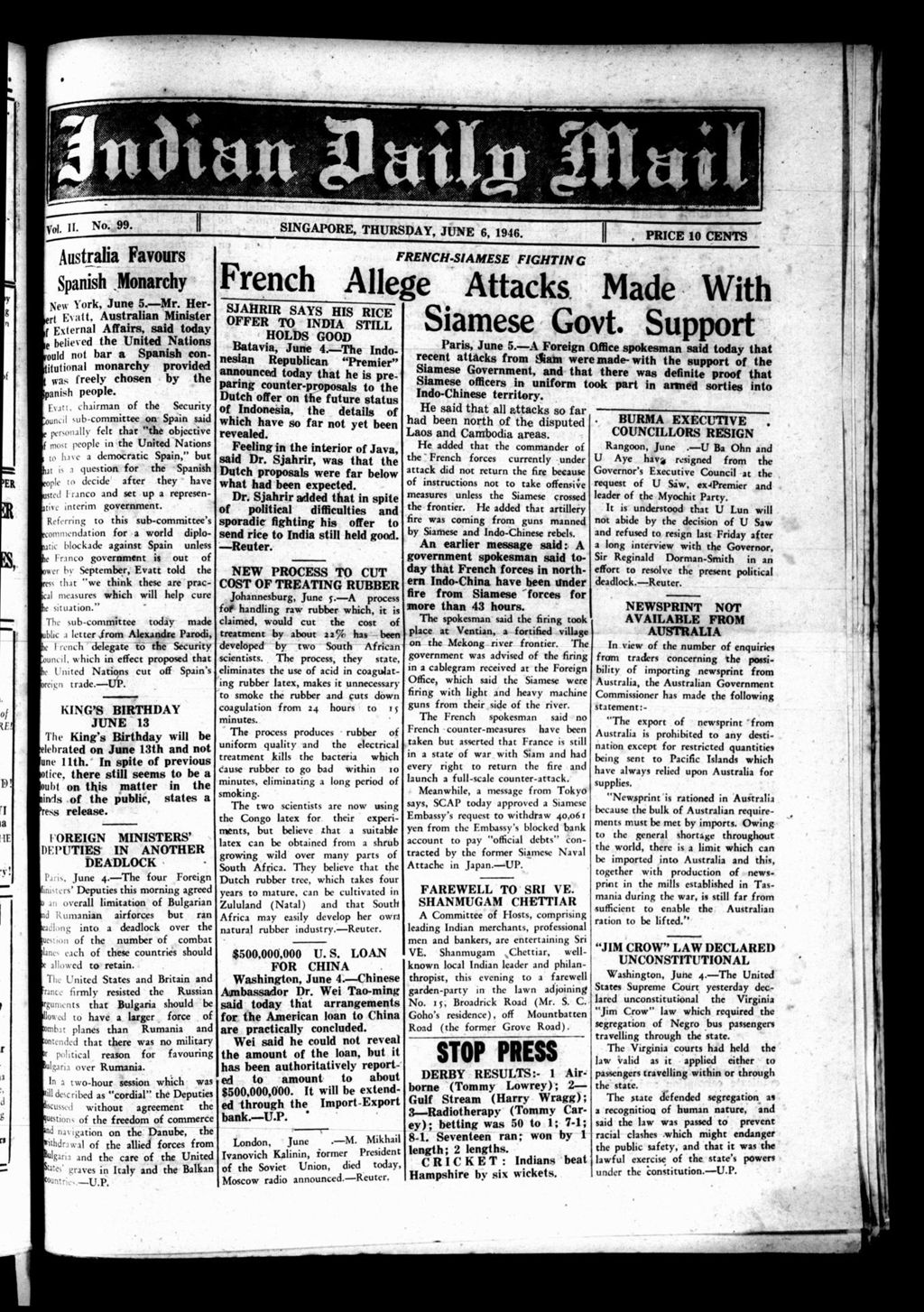 Miniature of Indian Daily Mail 06 June 1946