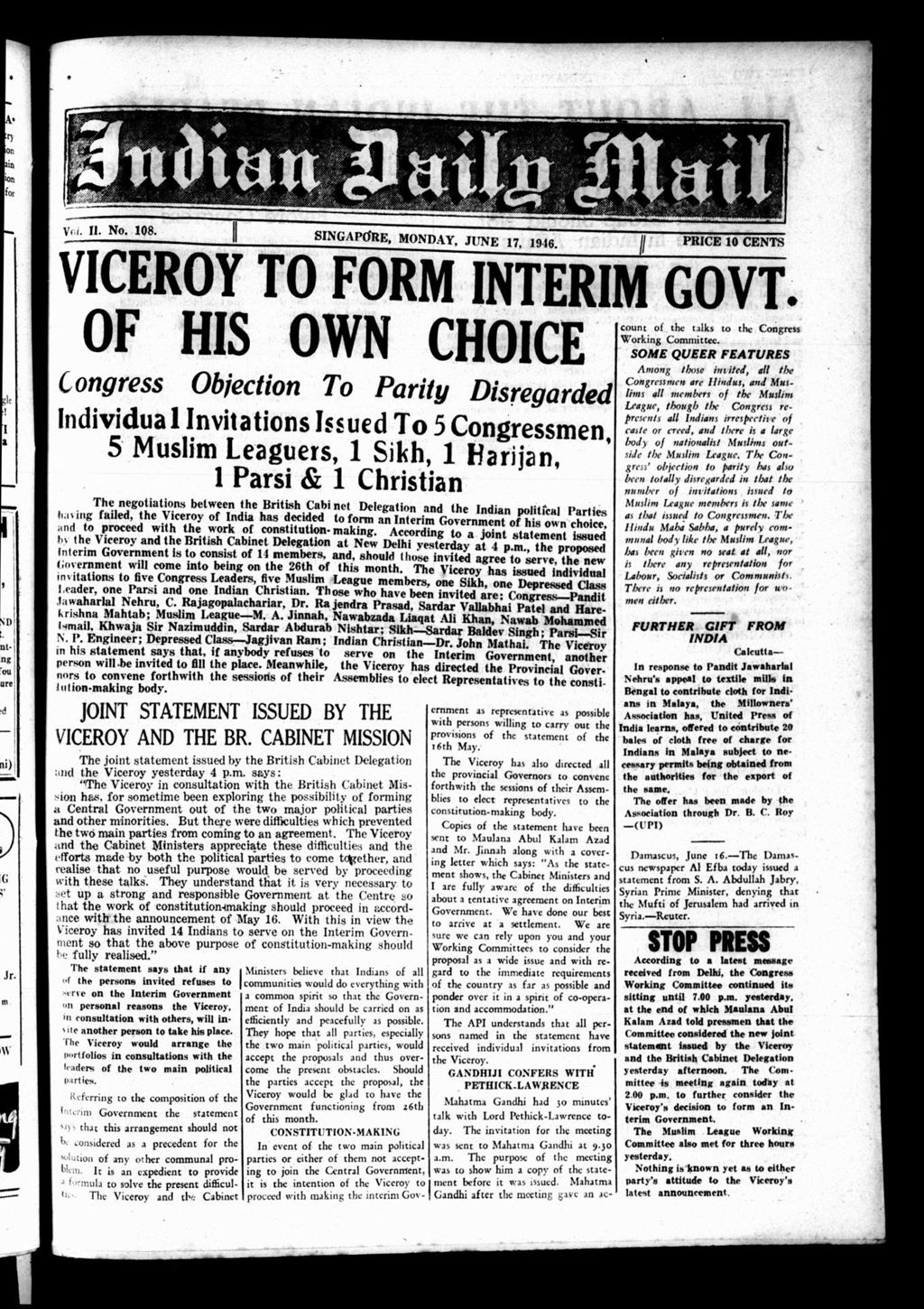 Miniature of Indian Daily Mail 17 June 1946