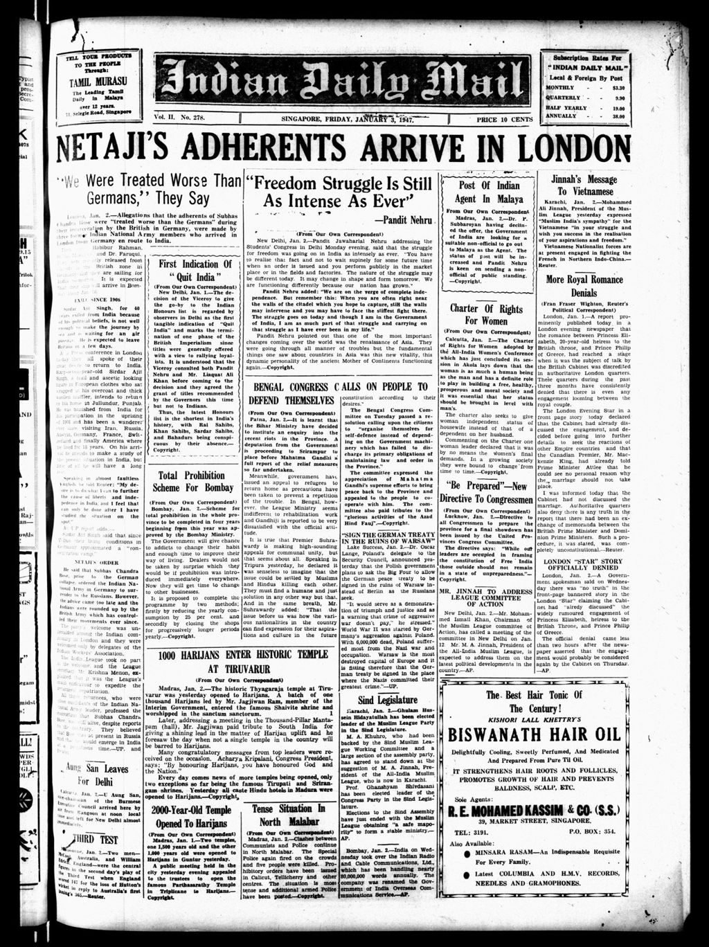 Miniature of Indian Daily Mail 03 January 1947