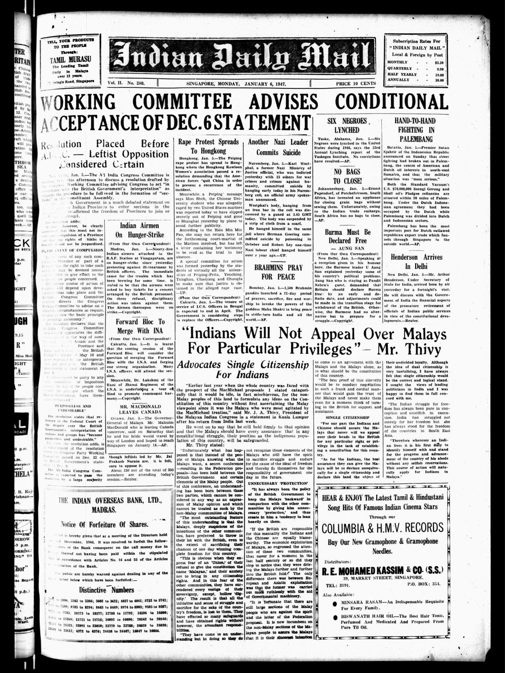 Miniature of Indian Daily Mail 06 January 1947