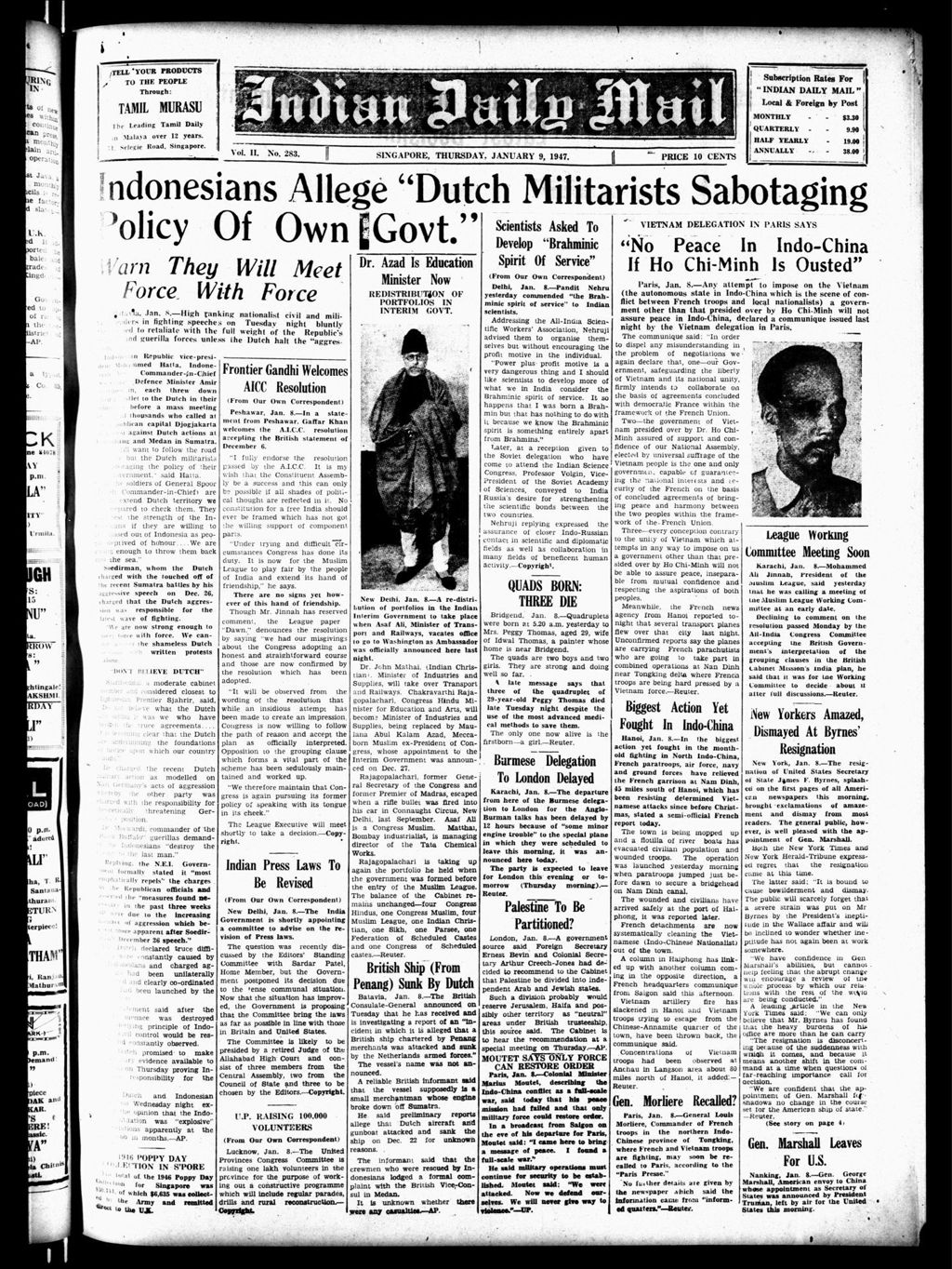 Miniature of Indian Daily Mail 09 January 1947