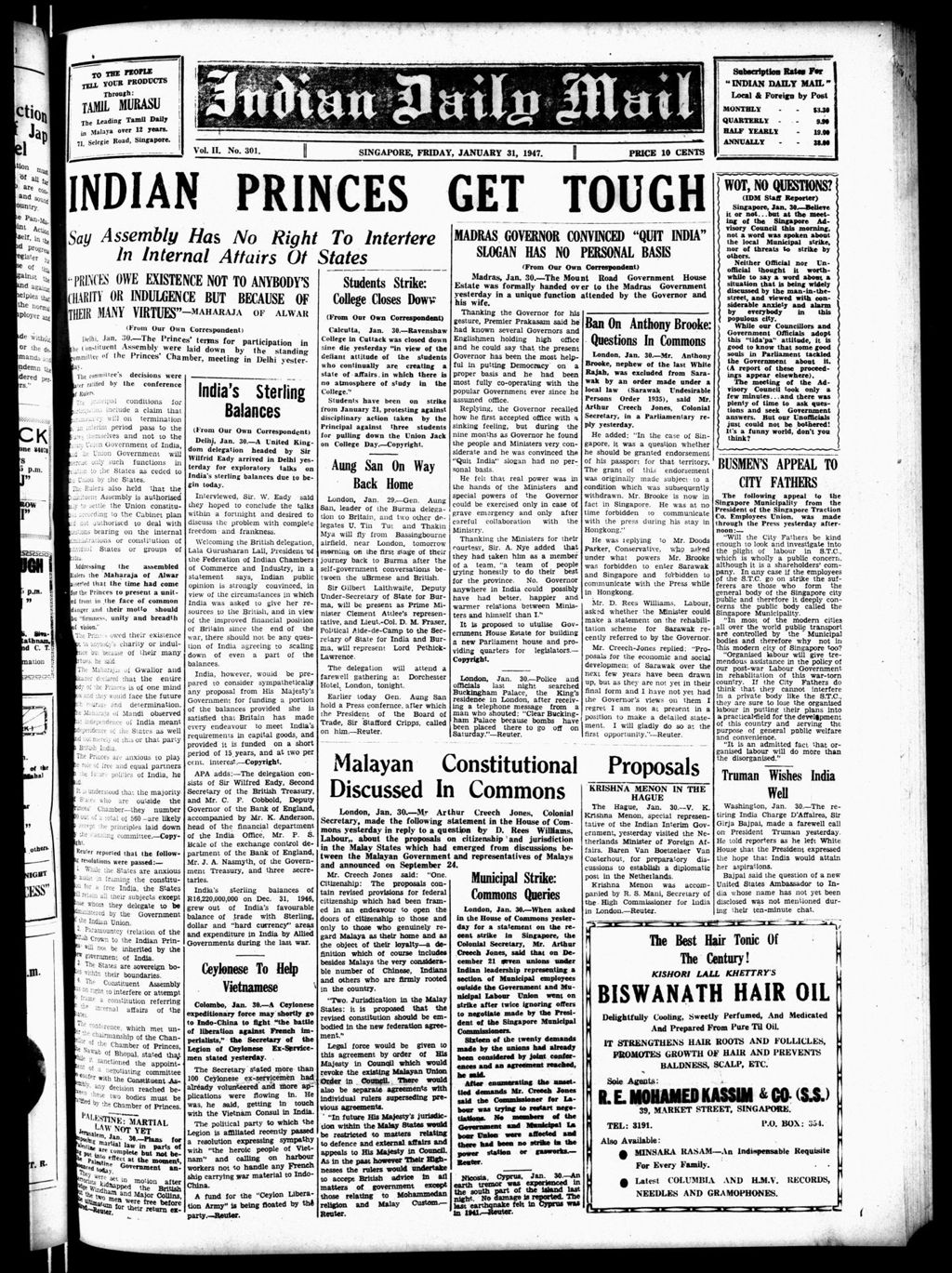 Miniature of Indian Daily Mail 31 January 1947