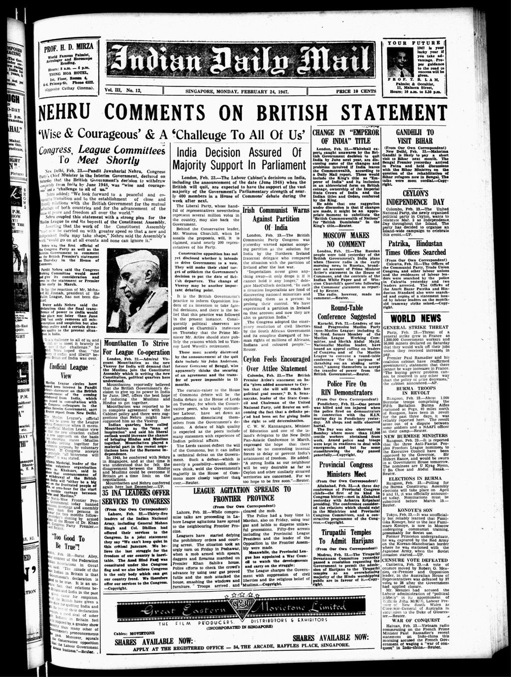 Miniature of Indian Daily Mail 24 February 1947