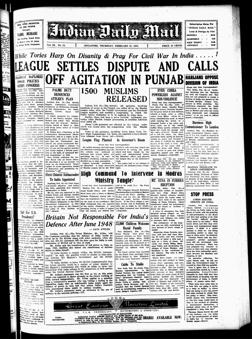 Miniature of Indian Daily Mail 27 February 1947