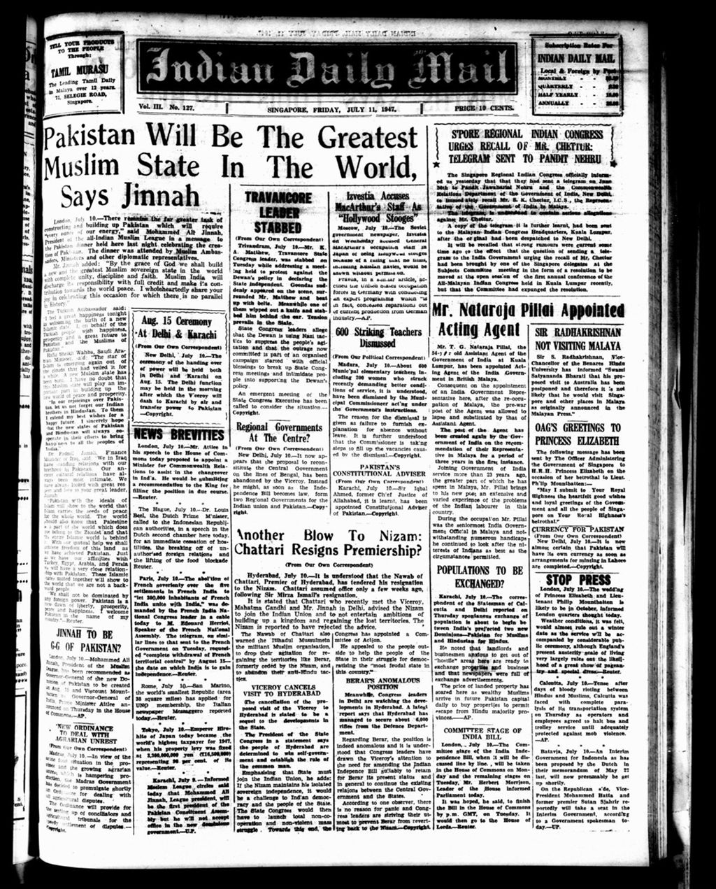 Miniature of Indian Daily Mail 11 July 1947