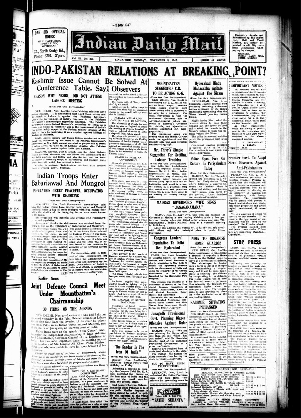 Miniature of Indian Daily Mail 03 November 1947