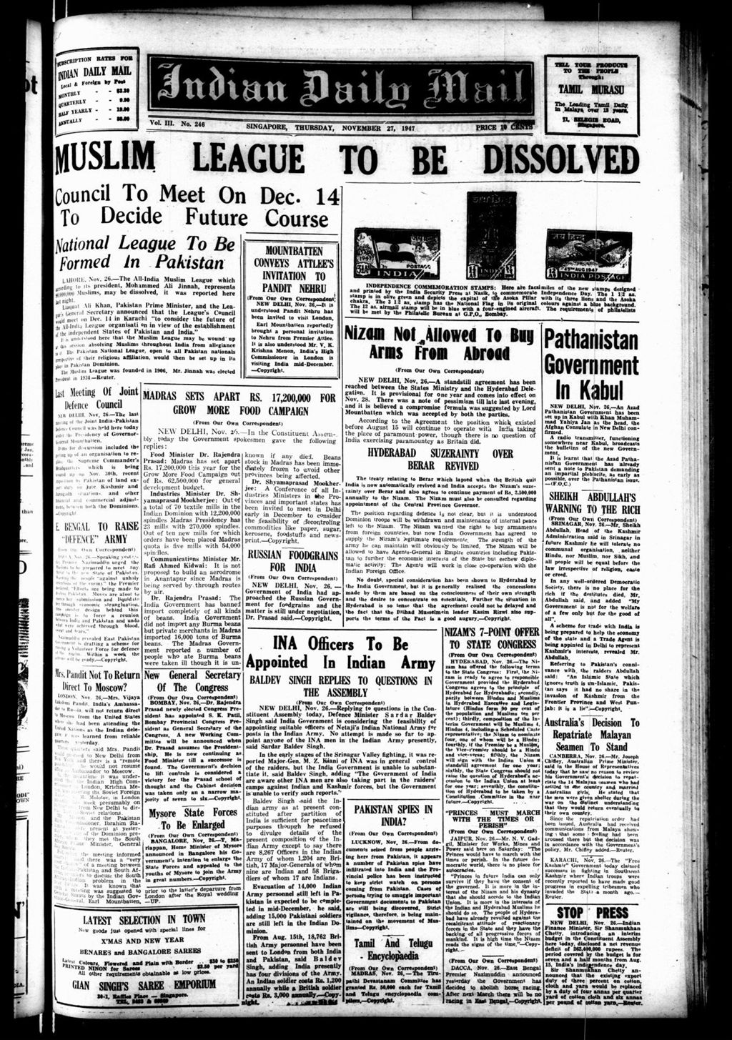 Miniature of Indian Daily Mail 27 November 1947