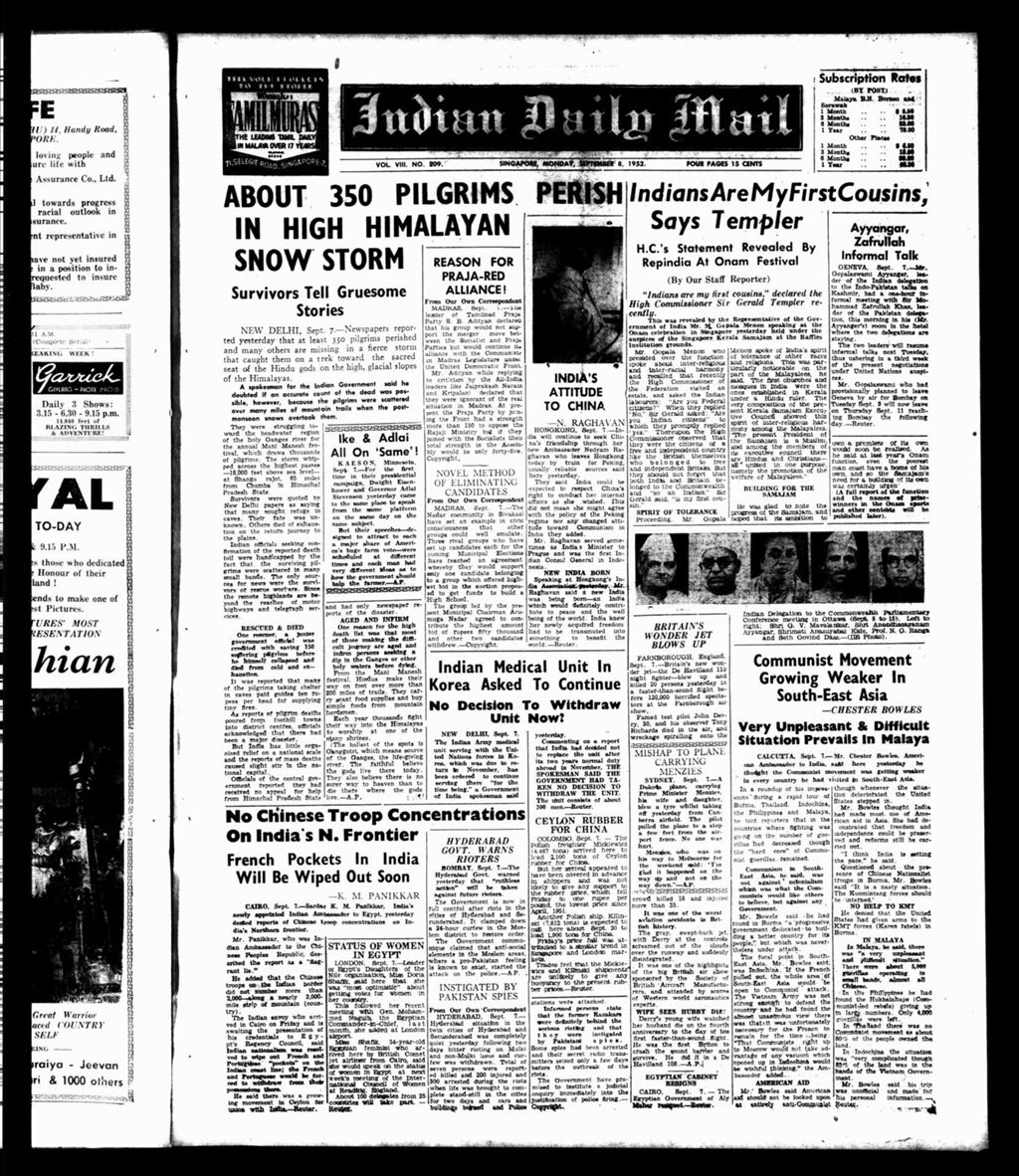 Miniature of Indian Daily Mail 08 September 1952