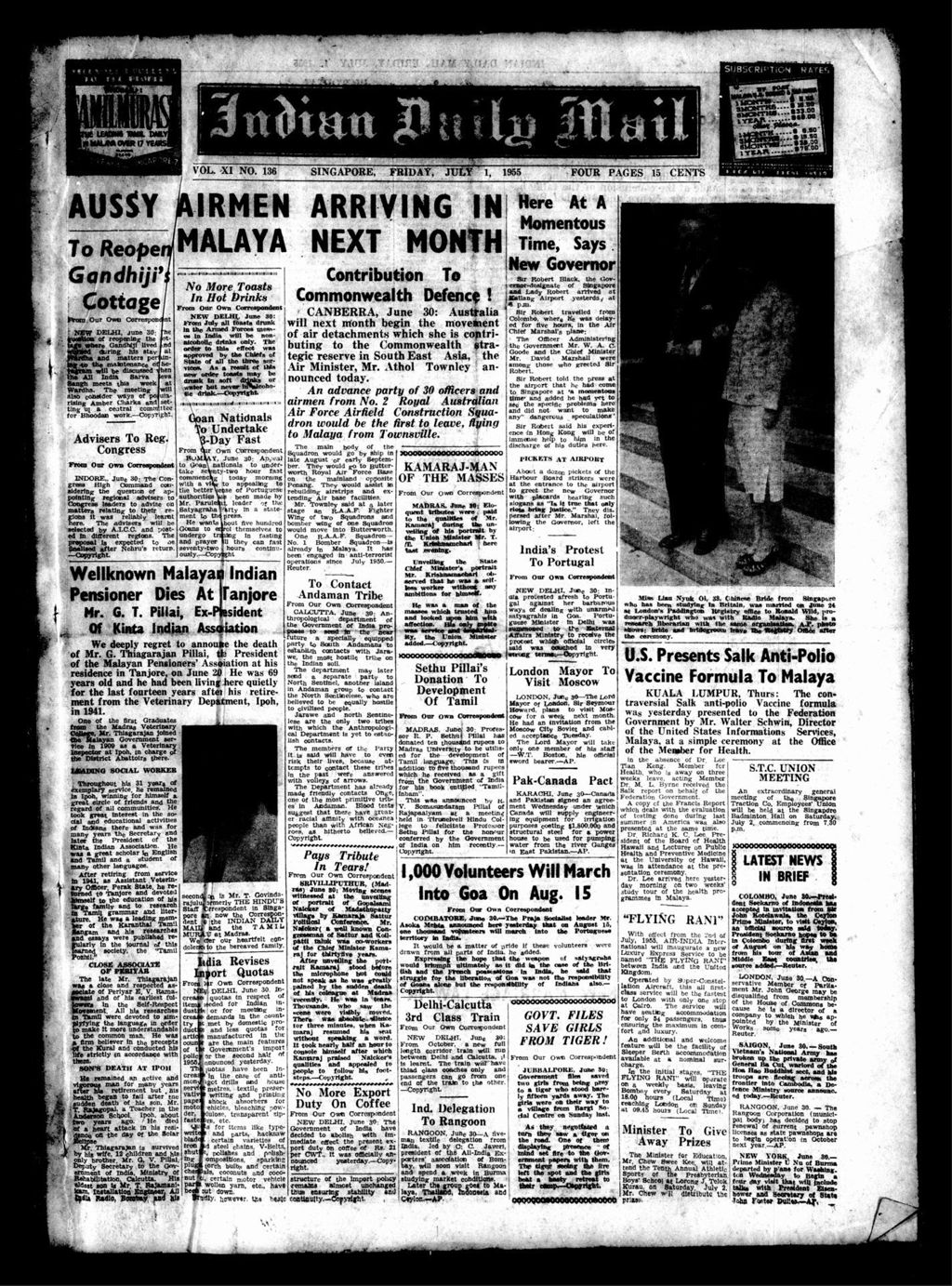 Miniature of Indian Daily Mail 01 July 1955